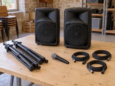 Les deux enceintes, leurs pieds, le micro et les trois câbles du kit de sonorisation.