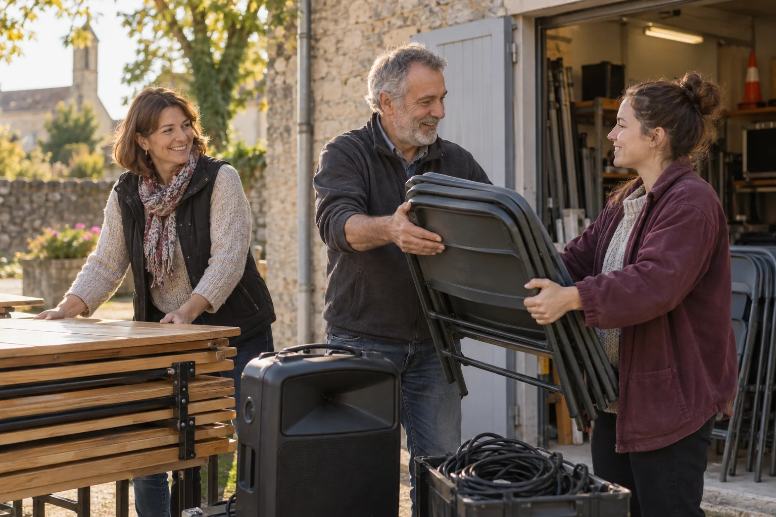 Trois bénévoles préparent des chaises, des tables et une sonorisation devant un local de matériel.