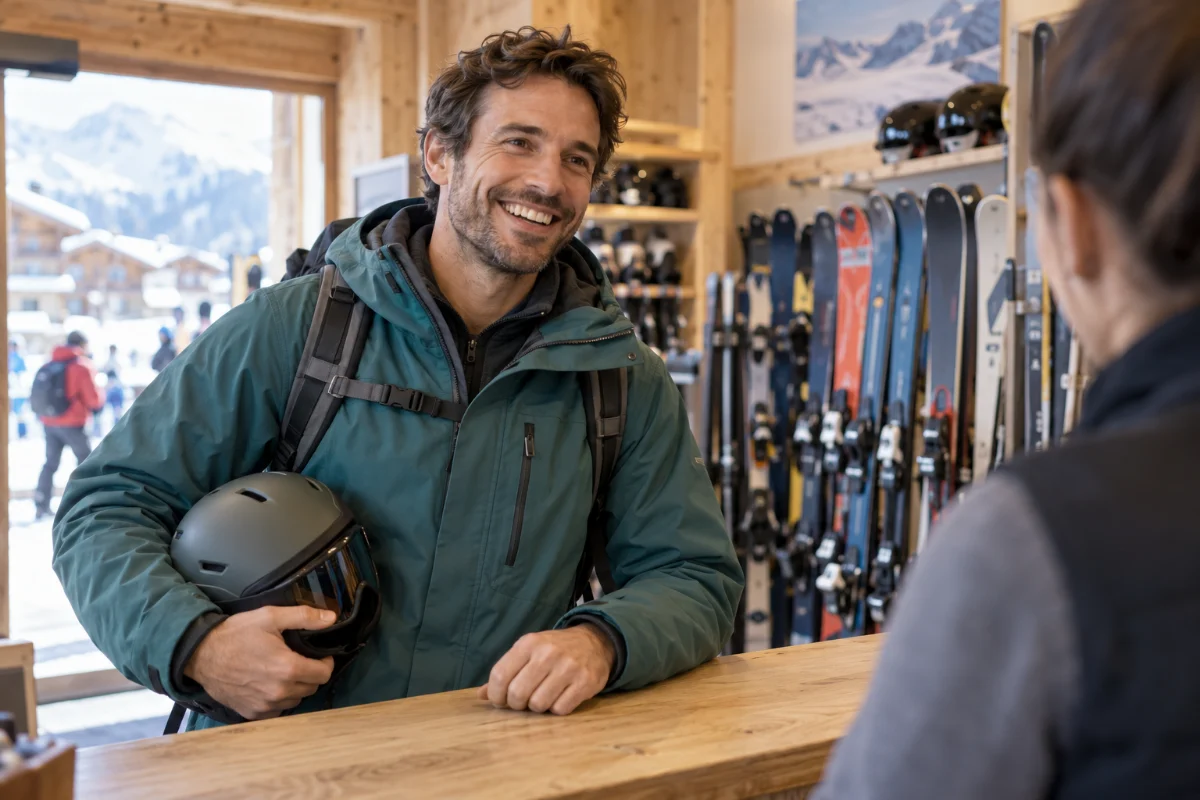 Un touriste sportif souriant, casque de ski en main, échange avec le loueur au comptoir.